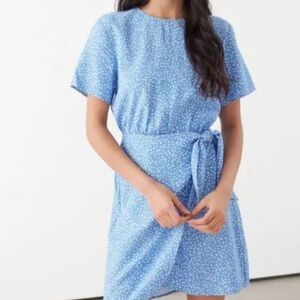 Paris Atelier & Other Stories Dress Womens 2 Tie Wrap Blue Short Sleeve Polka